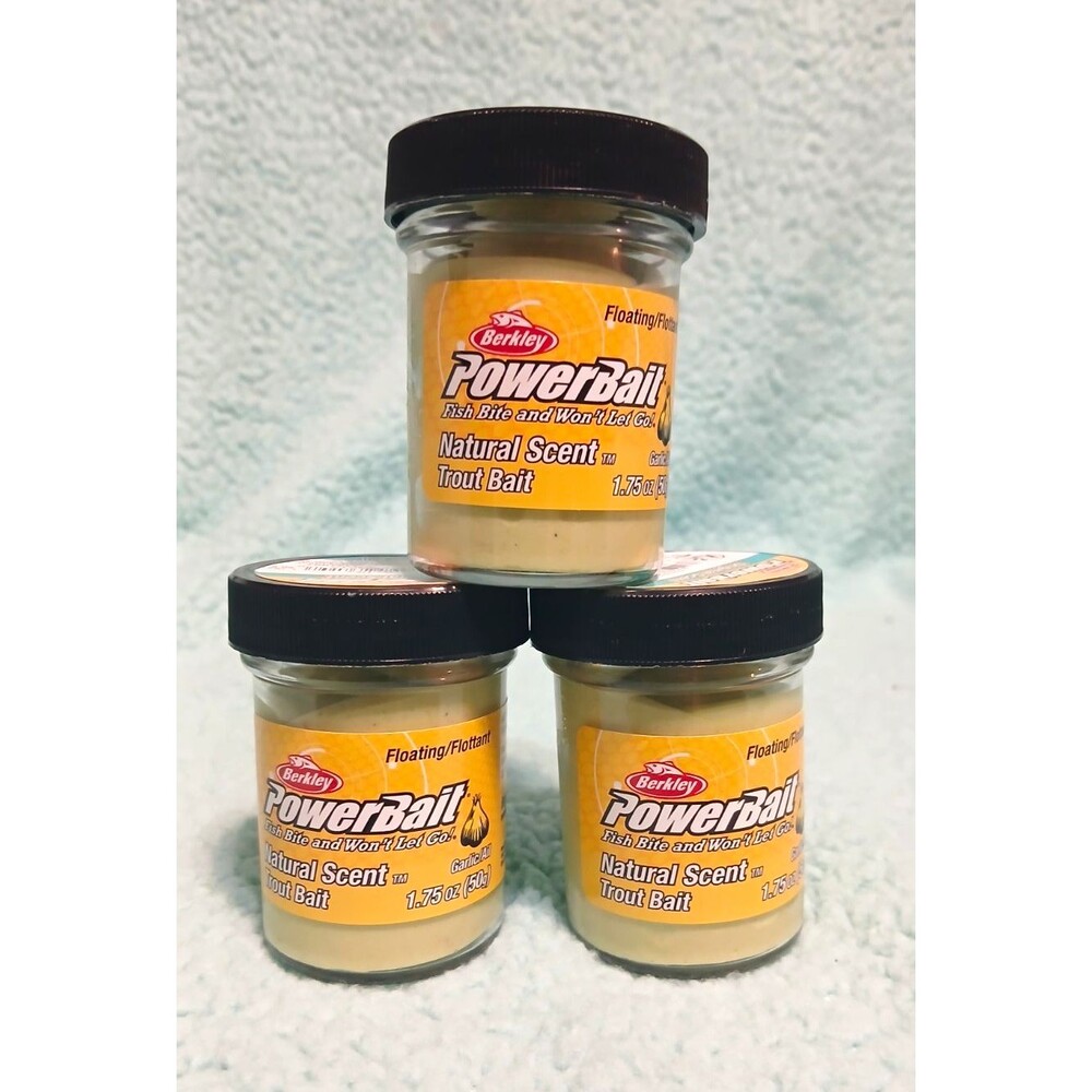 Lot of 3 Berkley PowerBait Floating Scented Trout Dough Bait nat Garlic 1.75 oz